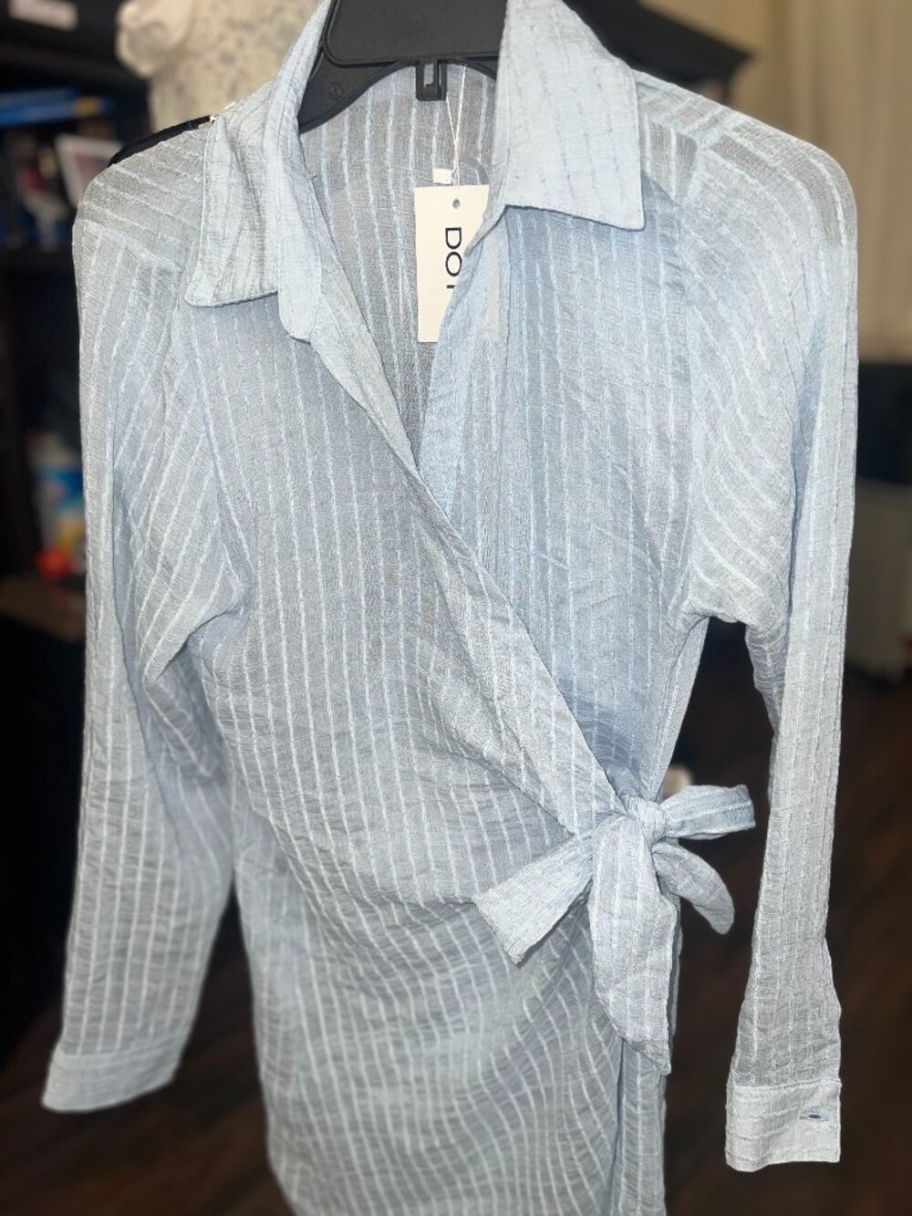 DOTTI NWT Light Blue Sheer Textured Stripe Wrap Dress Beach Cover Up Small